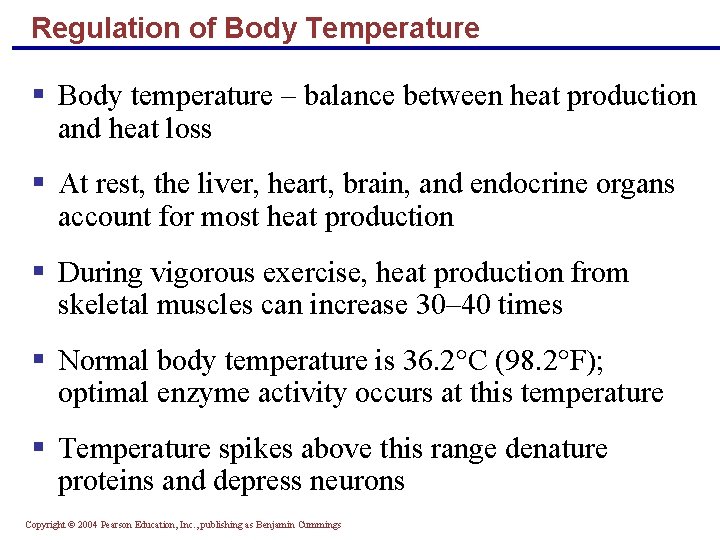 Regulation of Body Temperature § Body temperature – balance between heat production and heat