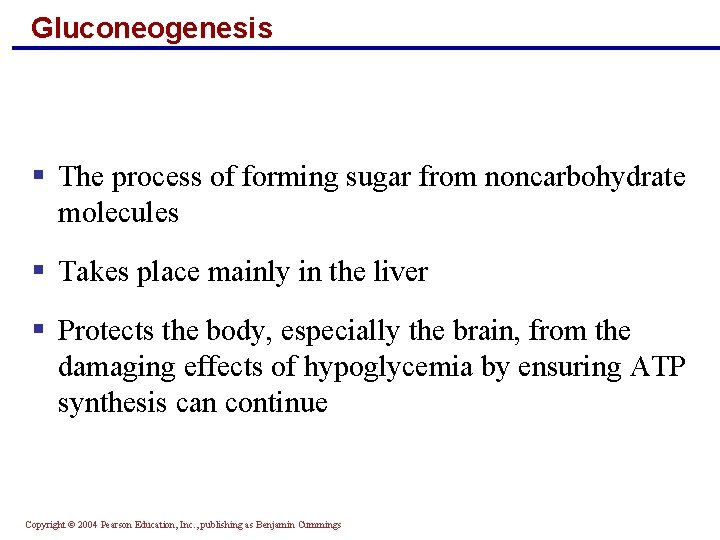 Gluconeogenesis § The process of forming sugar from noncarbohydrate molecules § Takes place mainly