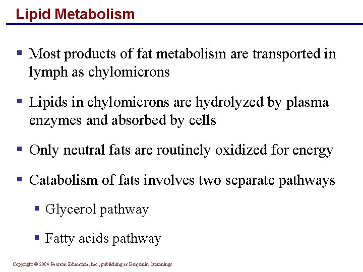 Lipid Metabolism § Most products of fat metabolism are transported in lymph as chylomicrons Lipid Metabolism § Most products of fat metabolism are transported in lymph as chylomicrons