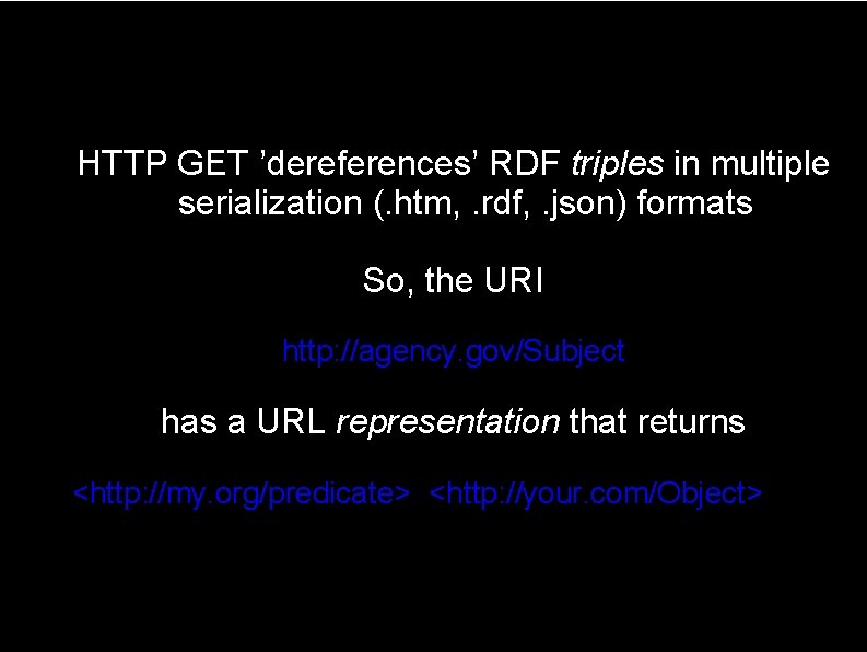 HTTP GET ’dereferences’ RDF triples in multiple serialization (. htm, . rdf, . json)