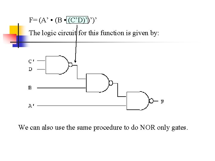 F= (A’ • (B • (C’D)’)’)’ The logic circuit for this function is given