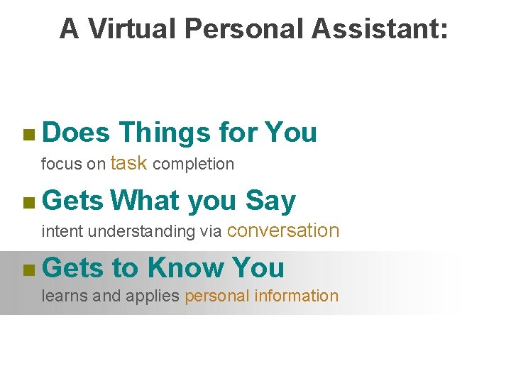 A Virtual Personal Assistant: n Does Things for focus on task completion n Gets