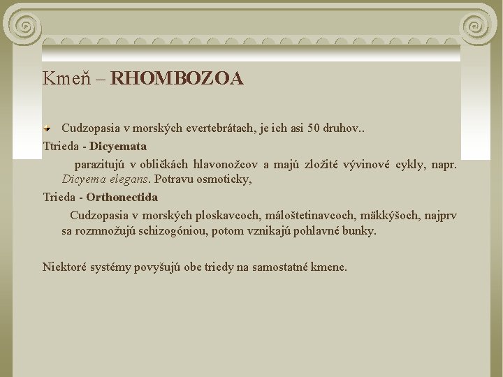 Kmeň – RHOMBOZOA Cudzopasia v morských evertebrátach, je ich asi 50 druhov. . Ttrieda