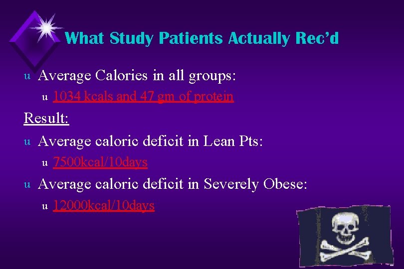 What Study Patients Actually Rec’d u Average Calories in all groups: u 1034 kcals