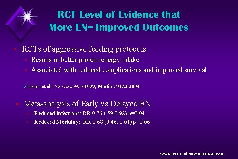 RCT Level of Evidence that More EN= Improved Outcomes § RCTs of aggressive feeding