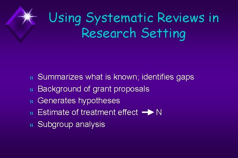 Using Systematic Reviews in Research Setting u u u Summarizes what is known; identifies