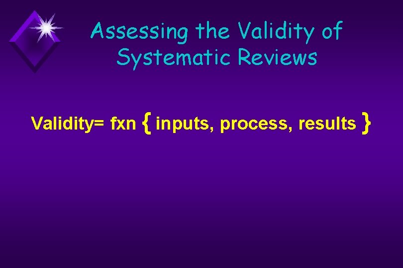 Assessing the Validity of Systematic Reviews Validity= fxn { inputs, process, results } 