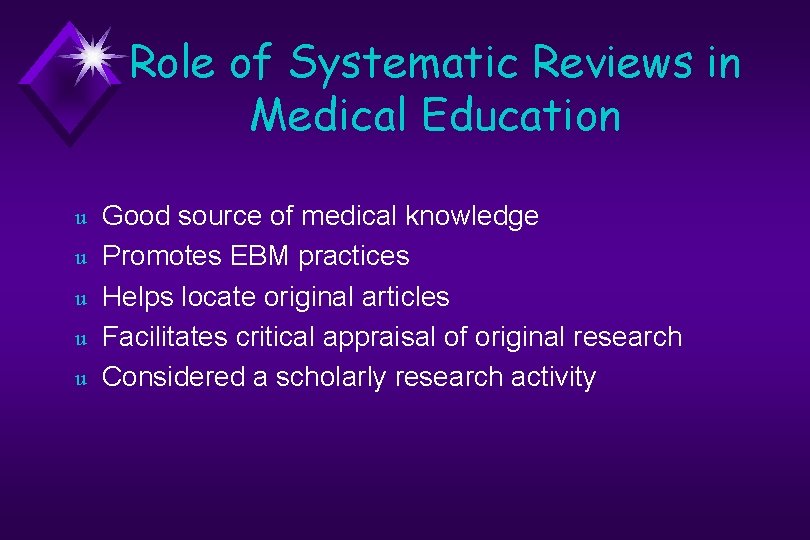 Role of Systematic Reviews in Medical Education u u u Good source of medical