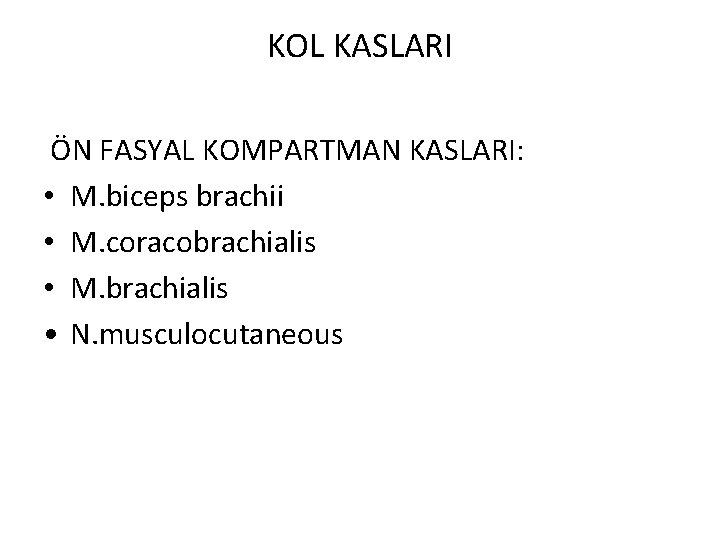 KOL KASLARI ÖN FASYAL KOMPARTMAN KASLARI: • M. biceps brachii • M. coracobrachialis •