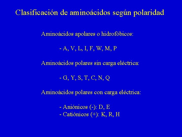 Clasificación de aminoácidos según polaridad Aminoácidos apolares o hidrofóbicos: - A, V, L, I,