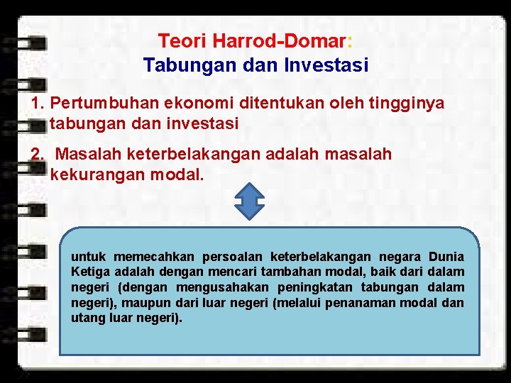 Teori Harrod-Domar: Tabungan dan Investasi 1. Pertumbuhan ekonomi ditentukan oleh tingginya tabungan dan investasi Teori Harrod-Domar: Tabungan dan Investasi 1. Pertumbuhan ekonomi ditentukan oleh tingginya tabungan dan investasi