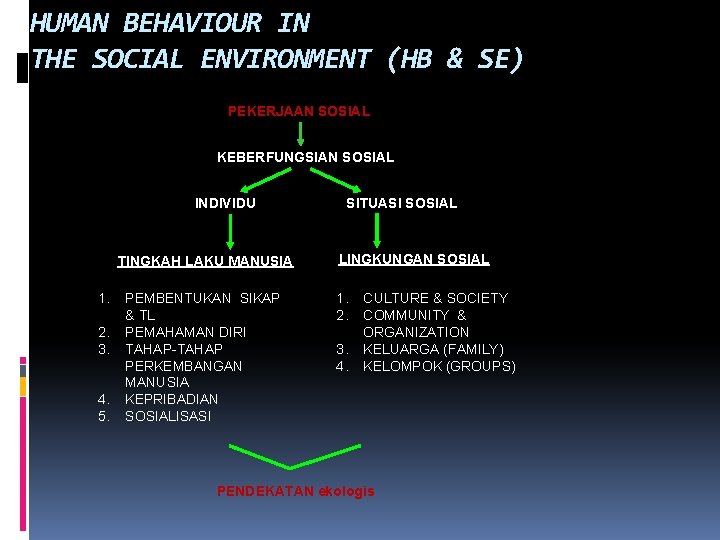 HUMAN BEHAVIOUR IN THE SOCIAL ENVIRONMENT (HB & SE) PEKERJAAN SOSIAL KEBERFUNGSIAN SOSIAL INDIVIDU