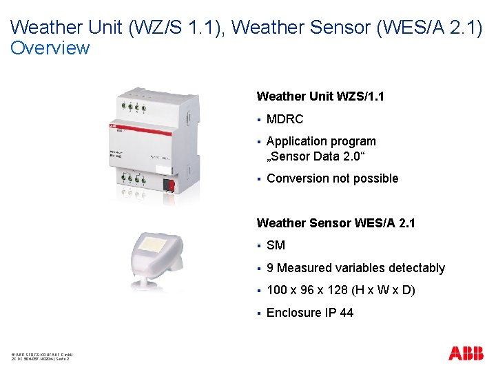 Weather Unit (WZ/S 1. 1), Weather Sensor (WES/A 2. 1) Overview Weather Unit WZS/1.