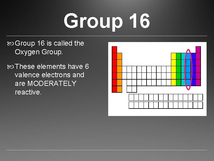 Group 16 is called the Oxygen Group. These elements have 6 valence electrons and