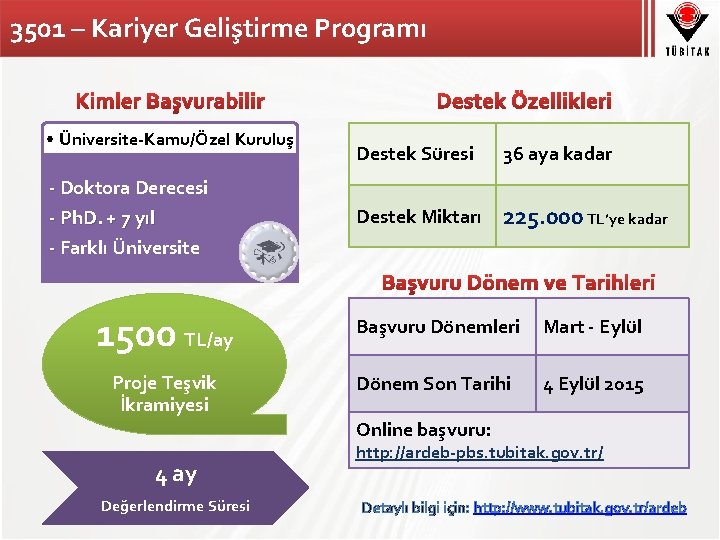 3501 – Kariyer Geliştirme Programı • Üniversite-Kamu/Özel Kuruluş - Doktora Derecesi - Ph. D.