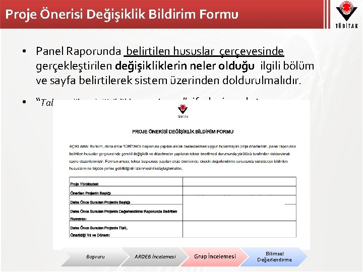 Proje Önerisi Değişiklik Bildirim Formu • Panel Raporunda belirtilen hususlar çerçevesinde gerçekleştirilen değişikliklerin neler