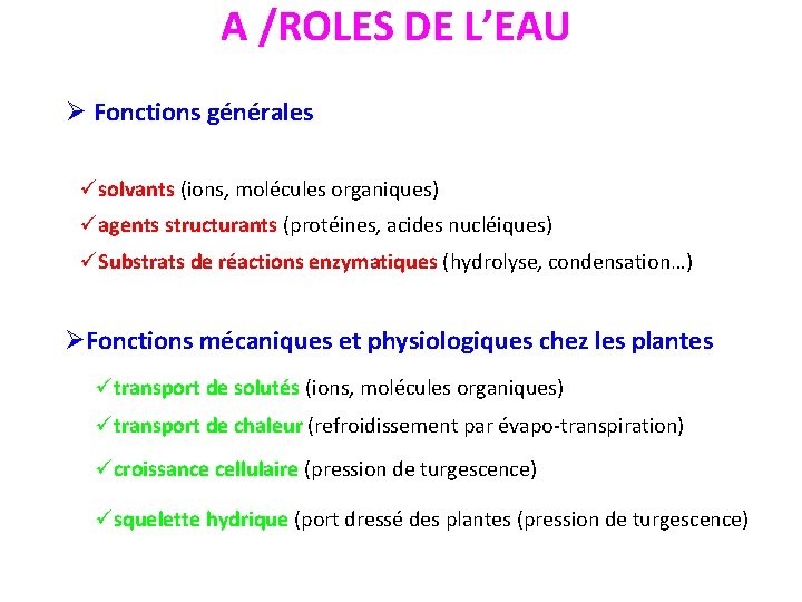 A /ROLES DE L’EAU Ø Fonctions générales üsolvants (ions, molécules organiques) üagents structurants (protéines,