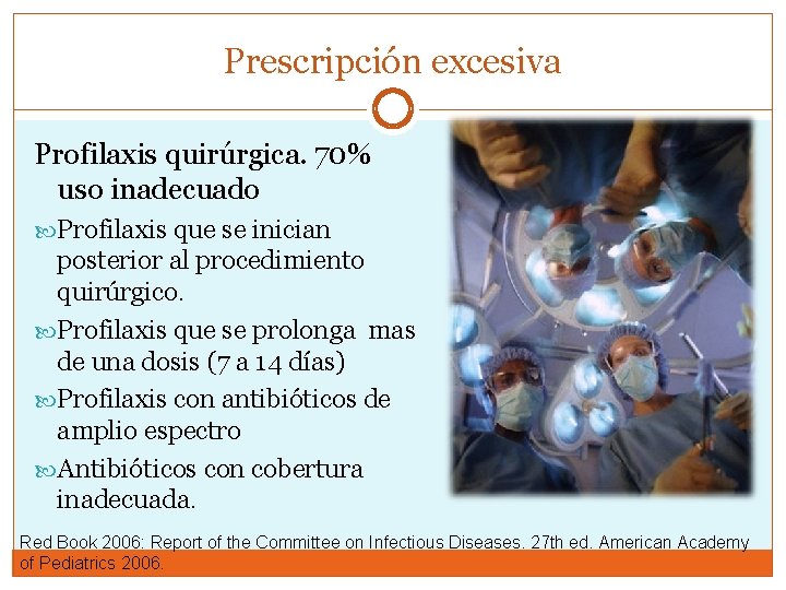 Prescripción excesiva Profilaxis quirúrgica. 70% uso inadecuado Profilaxis que se inician posterior al procedimiento