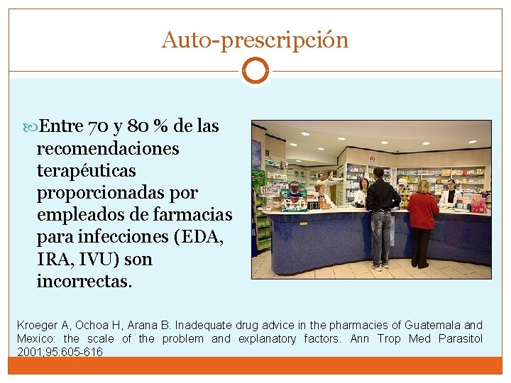 Auto-prescripción Entre 70 y 80 % de las recomendaciones terapéuticas proporcionadas por empleados de