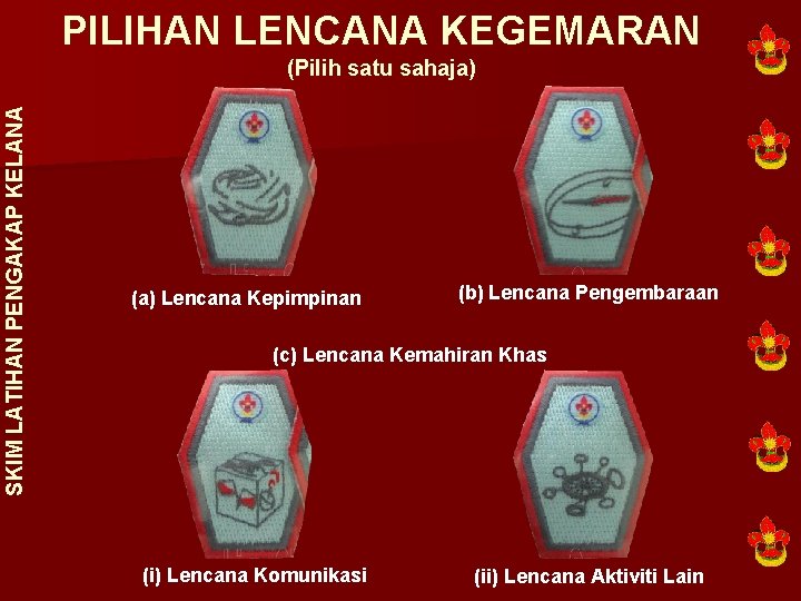 PILIHAN LENCANA KEGEMARAN SKIM LATIHAN PENGAKAP KELANA (Pilih satu sahaja) (a) Lencana Kepimpinan (b)