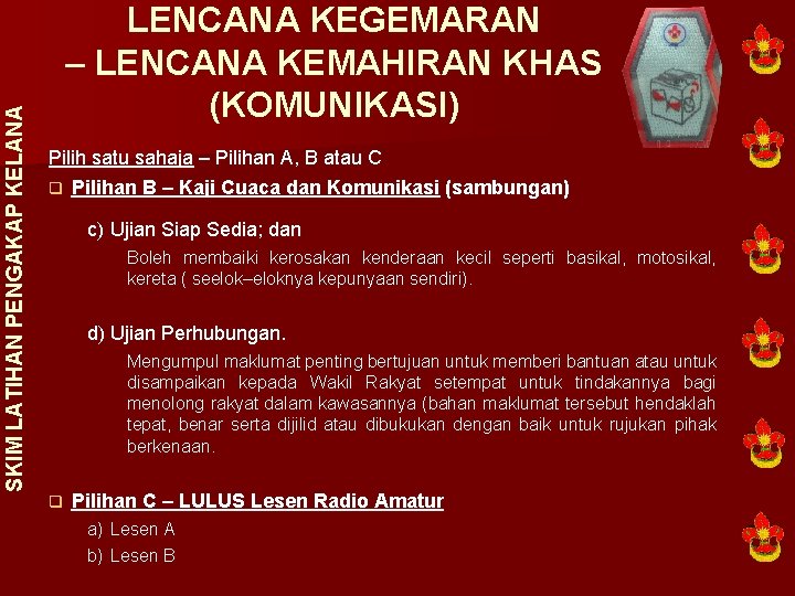 SKIM LATIHAN PENGAKAP KELANA LENCANA KEGEMARAN – LENCANA KEMAHIRAN KHAS (KOMUNIKASI) Pilih satu sahaja