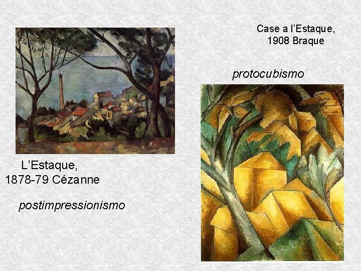 Case a l’Estaque, 1908 Braque protocubismo L’Estaque, 1878 -79 Cézanne postimpressionismo 