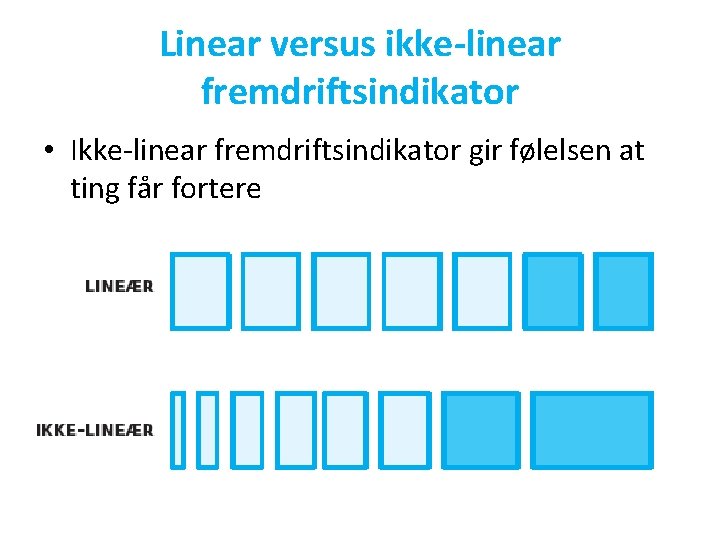 Linear versus ikke-linear fremdriftsindikator • Ikke-linear fremdriftsindikator gir følelsen at ting får fortere 
