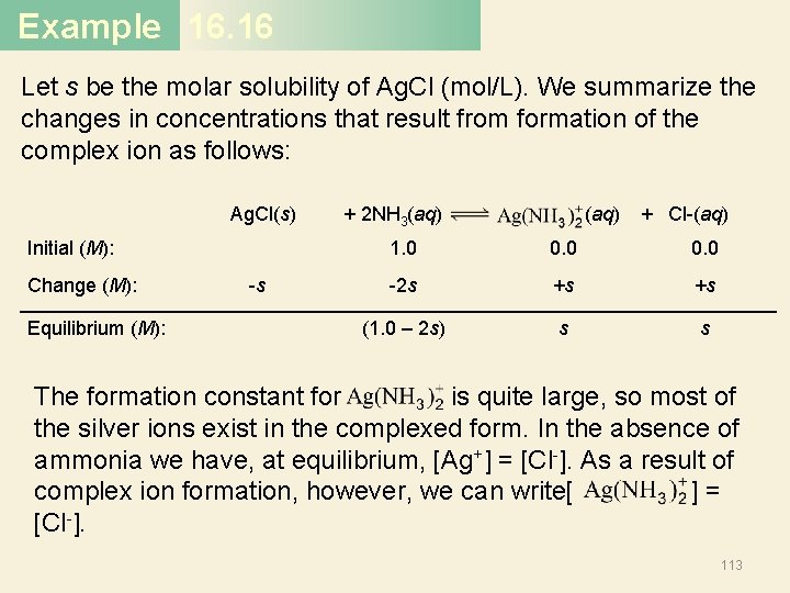 Example 16. 16 Let s be the molar solubility of Ag. Cl (mol/L). We