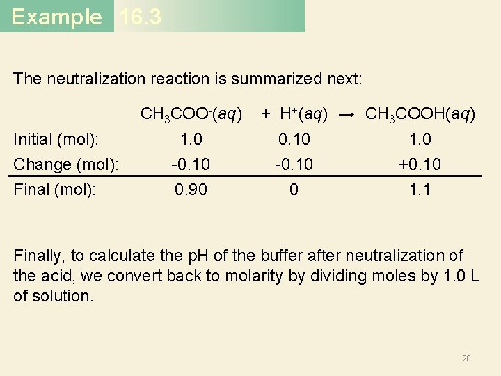 Example 16. 3 The neutralization reaction is summarized next: CH 3 COO-(aq) Initial (mol): Example 16. 3 The neutralization reaction is summarized next: CH 3 COO-(aq) Initial (mol):
