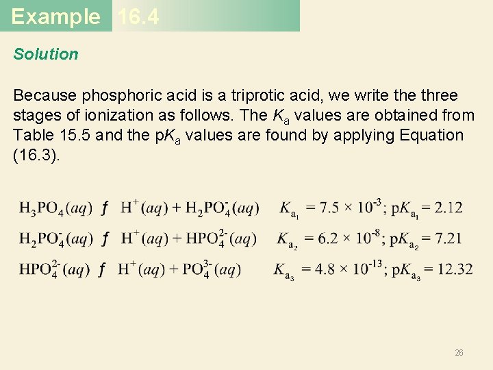 Example 16. 4 Solution Because phosphoric acid is a triprotic acid, we write three