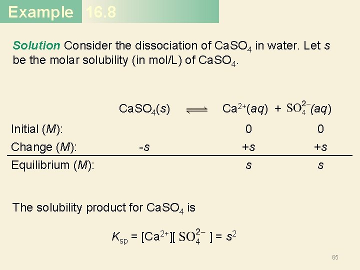 Example 16. 8 Solution Consider the dissociation of Ca. SO 4 in water. Let