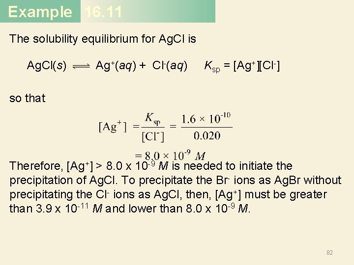 Example 16. 11 The solubility equilibrium for Ag. Cl is Ag. Cl(s) Ag+(aq) +
