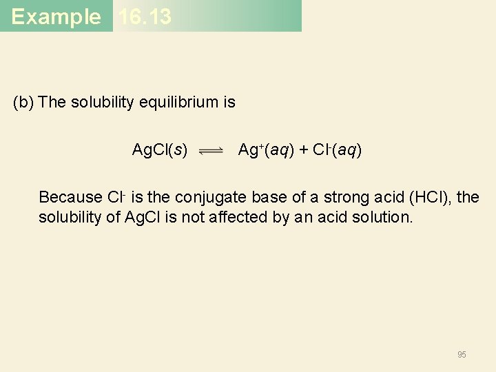 Example 16. 13 (b) The solubility equilibrium is Ag. Cl(s) Ag+(aq) + Cl-(aq) Because