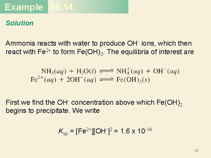 Example 16. 14 Solution Ammonia reacts with water to produce OH- ions, which then