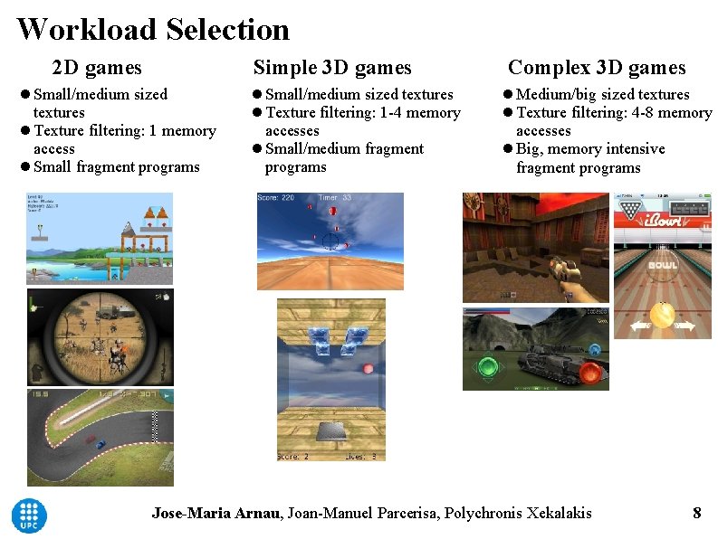 Workload Selection 2 D games Simple 3 D games Small/medium sized textures Texture filtering: