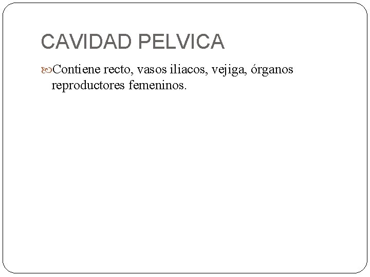 CAVIDAD PELVICA Contiene recto, vasos iliacos, vejiga, órganos reproductores femeninos. 