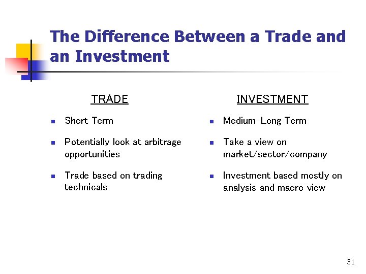 The Difference Between a Trade and an Investment TRADE INVESTMENT n Short Term n