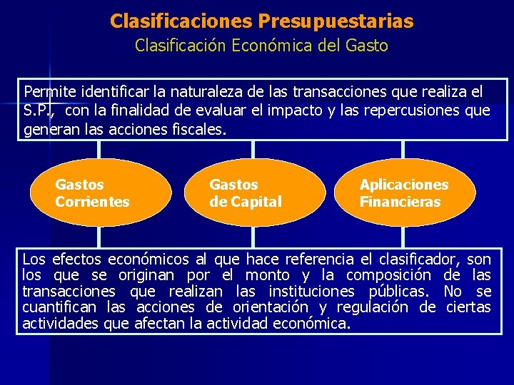 Clasificaciones Presupuestarias Clasificación Económica del Gasto Permite identificar la naturaleza de las transacciones que