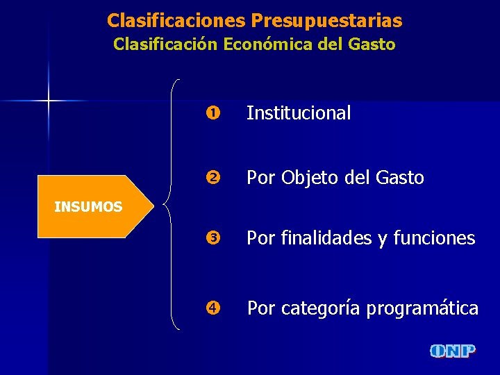Clasificaciones Presupuestarias Clasificación Económica del Gasto Institucional Por Objeto del Gasto INSUMOS Por finalidades