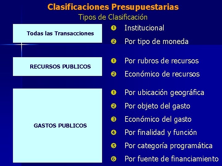 Clasificaciones Presupuestarias Tipos de Clasificación Institucional Todas las Transacciones RECURSOS PUBLICOS Por tipo de