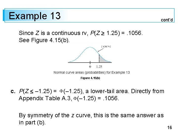 Example 13 cont’d Since Z is a continuous rv, P(Z 1. 25) =. 1056.