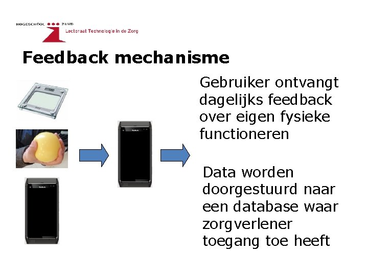 Feedback mechanisme Gebruiker ontvangt dagelijks feedback over eigen fysieke functioneren Data worden doorgestuurd naar