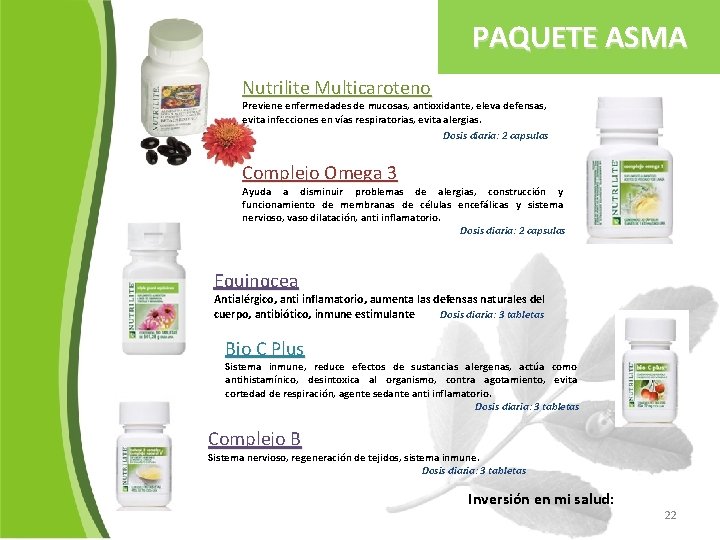 PAQUETE ASMA Nutrilite Multicaroteno Previene enfermedades de mucosas, antioxidante, eleva defensas, evita infecciones en