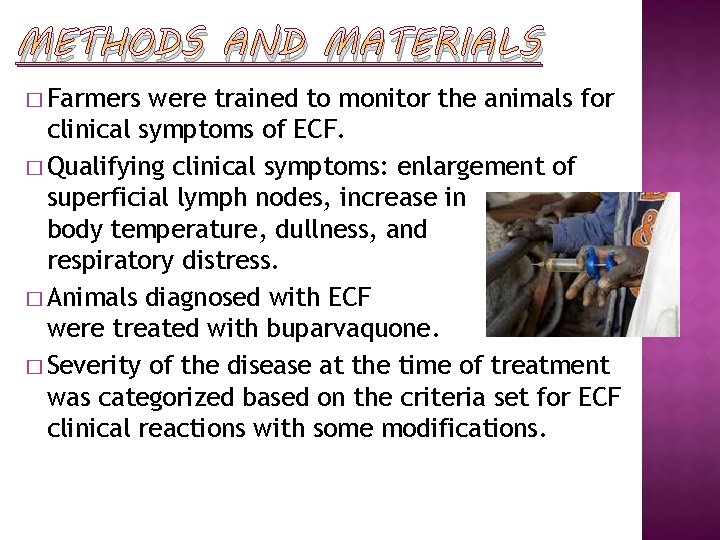 METHODS AND MATERIALS � Farmers were trained to monitor the animals for clinical symptoms