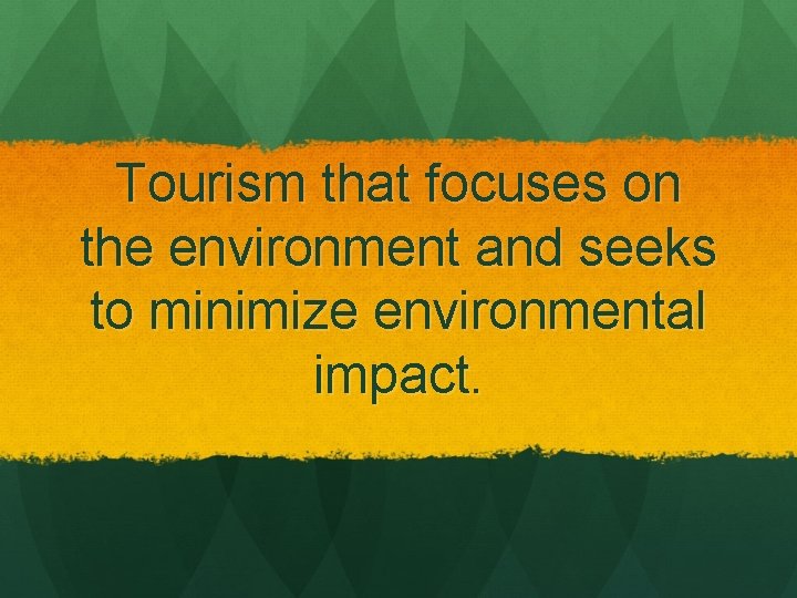 Tourism that focuses on the environment and seeks to minimize environmental impact. 