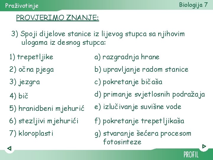 Biologija 7 Praživotinje PROVJERIMO ZNANJE: 3) Spoji dijelove stanice iz lijevog stupca sa njihovim