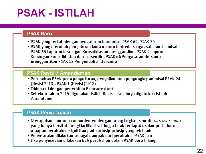 PSAK - ISTILAH PSAK Baru • PSAK yang terkait dengan pengaturan baru misal PSAK