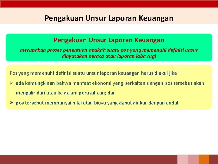 Pengakuan Unsur Laporan Keuangan merupakan proses penentuan apakah suatu pos yang memenuhi definisi unsur