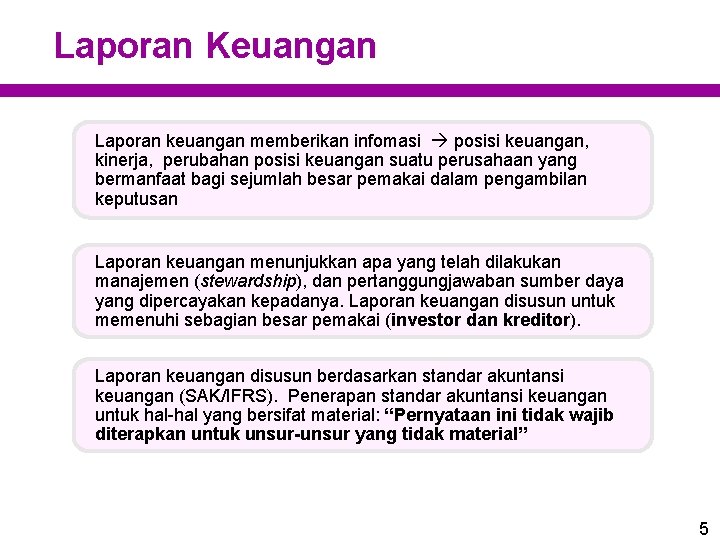 Laporan Keuangan Laporan keuangan memberikan infomasi posisi keuangan, kinerja, perubahan posisi keuangan suatu perusahaan