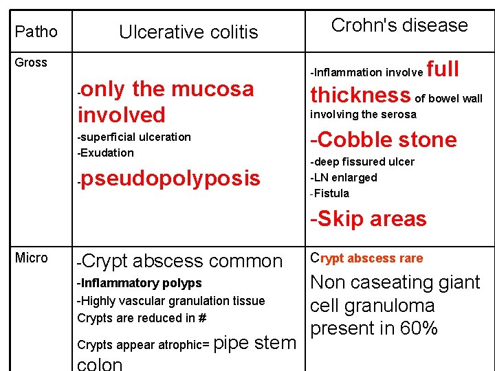 Ulcerative colitis Patho Gross only the mucosa involved - -superficial ulceration -Exudation - pseudopolyposis